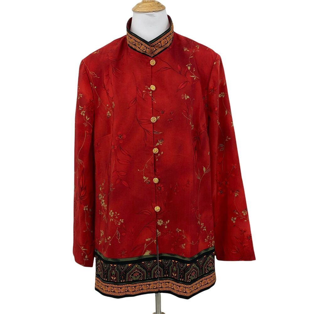 Karin Stevens‎ Blazer 16 M Shoulder Pads Gold Buttons Oriental Mandarin Collar